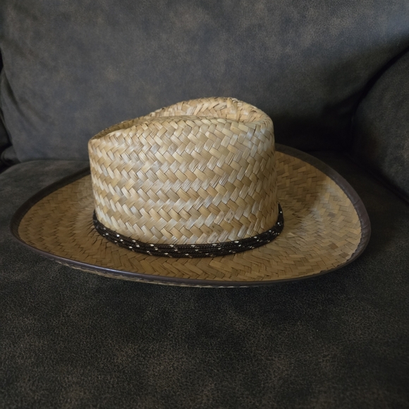 Western Straw Hat Made in Mexico with Brown & Silver Band Around Rim - Picture 2 of 8